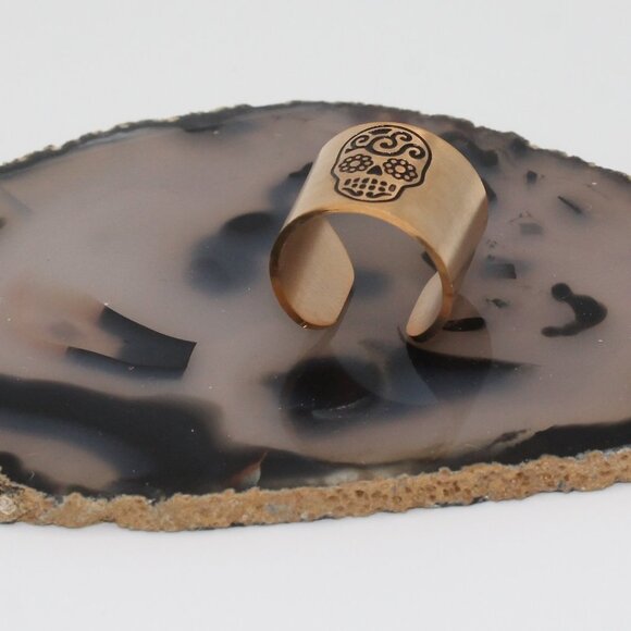 Jewelry ring band wide size 6.5 adjustable skull Dia de Muertos rose gold tone - Picture 3 of 7